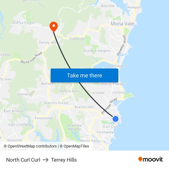 North Curl Curl to Terrey Hills map