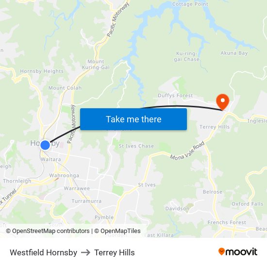 Westfield Hornsby to Terrey Hills map