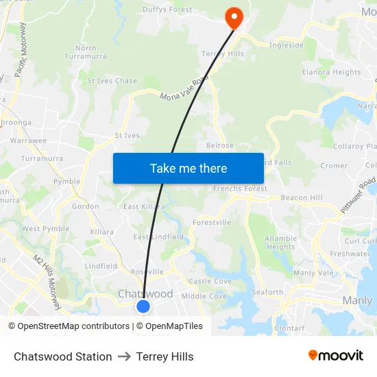 Chatswood Station to Terrey Hills map