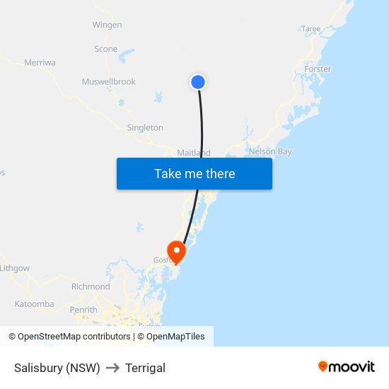 Salisbury (NSW) to Terrigal map