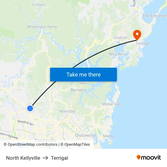 North Kellyville to Terrigal map