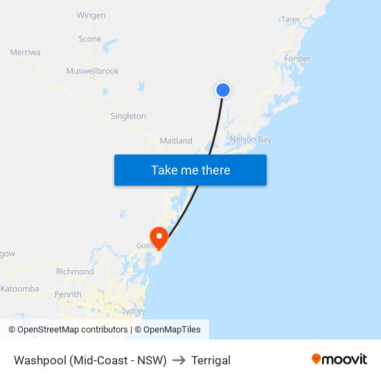 Washpool (Mid-Coast - NSW) to Terrigal map