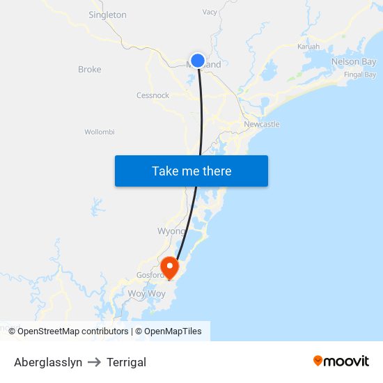 Aberglasslyn to Terrigal map