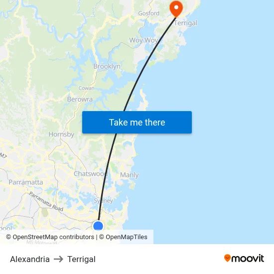 Alexandria to Terrigal map