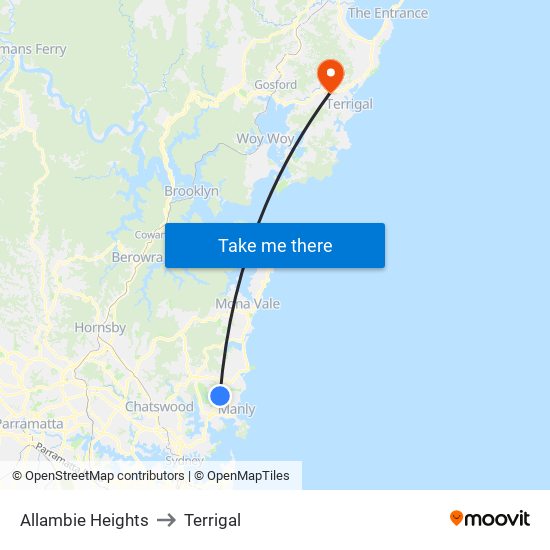 Allambie Heights to Terrigal map