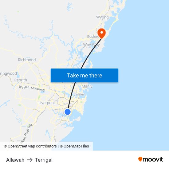 Allawah to Terrigal map