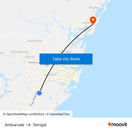 Ambarvale to Terrigal map