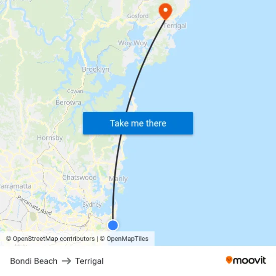 Bondi Beach to Terrigal map