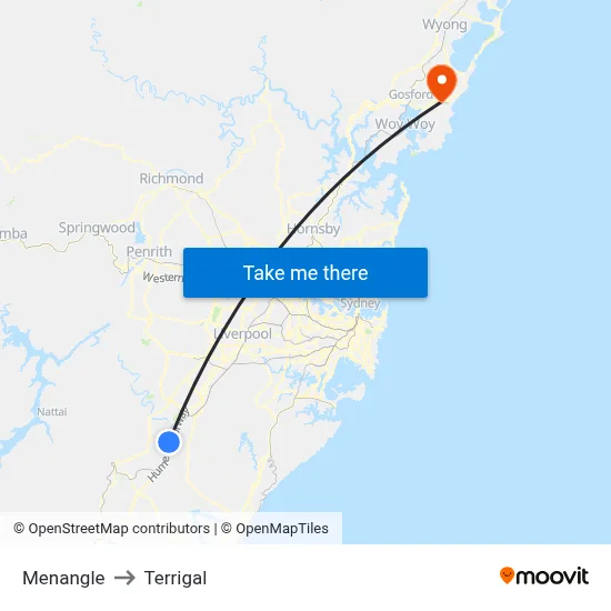 Menangle to Terrigal map