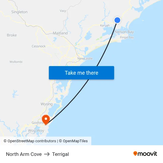 North Arm Cove to Terrigal map