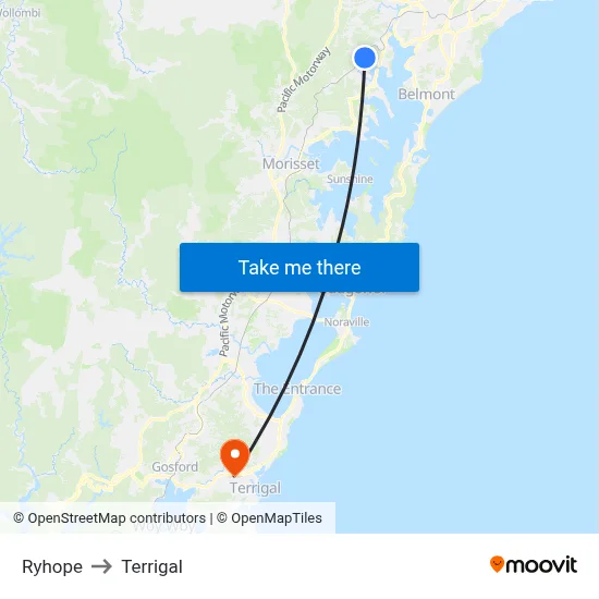 Ryhope to Terrigal map