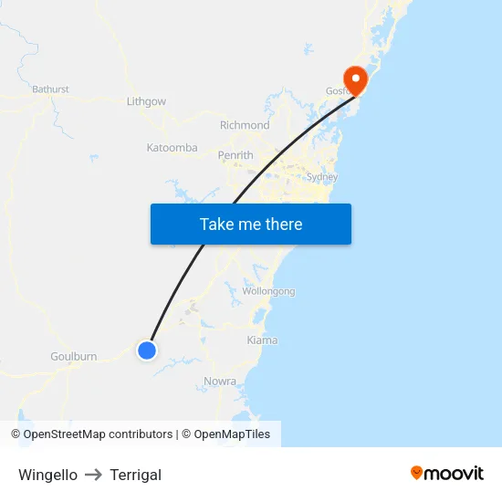 Wingello to Terrigal map
