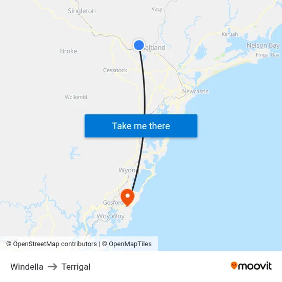 Windella to Terrigal map