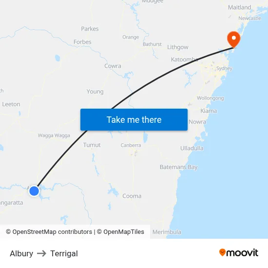 Albury to Terrigal map