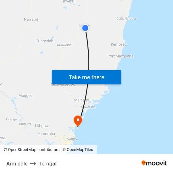 Armidale to Terrigal map