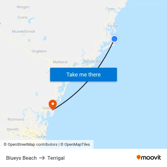 Blueys Beach to Terrigal map