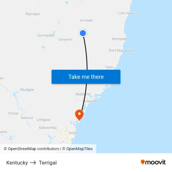 Kentucky to Terrigal map