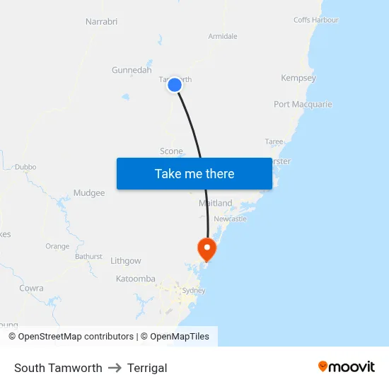 South Tamworth to Terrigal map