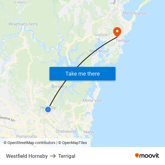 Westfield Hornsby to Terrigal map