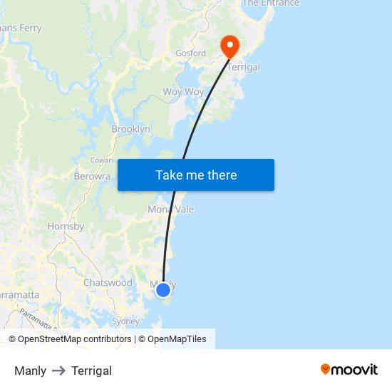 Manly to Terrigal map