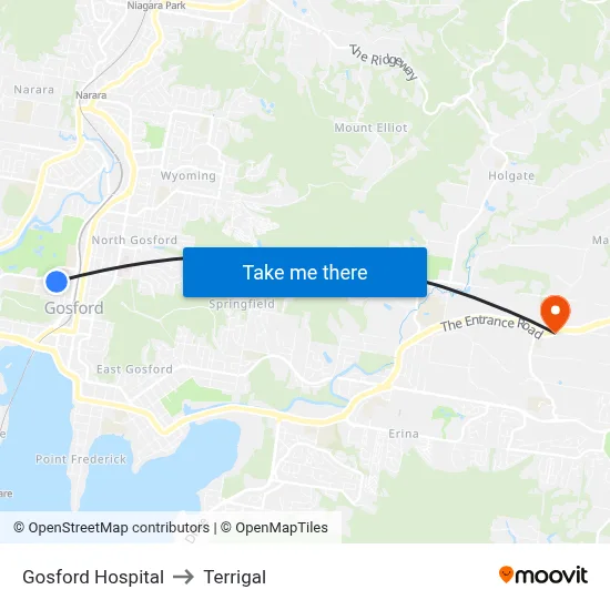 Gosford Hospital to Terrigal map