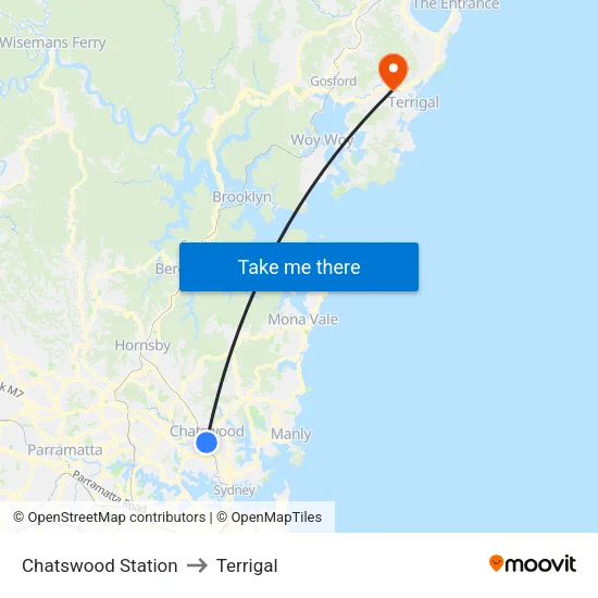 Chatswood Station to Terrigal map