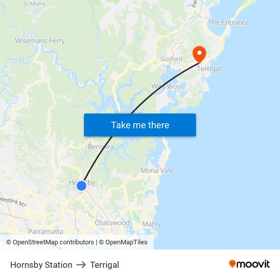 Hornsby Station to Terrigal map