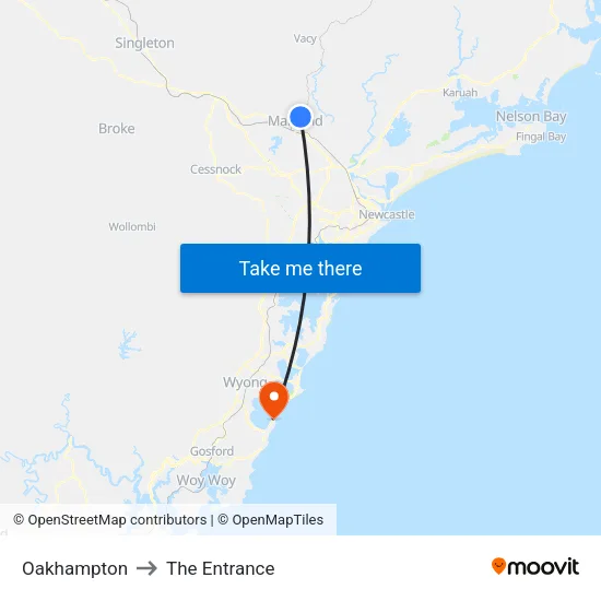 Oakhampton to The Entrance map
