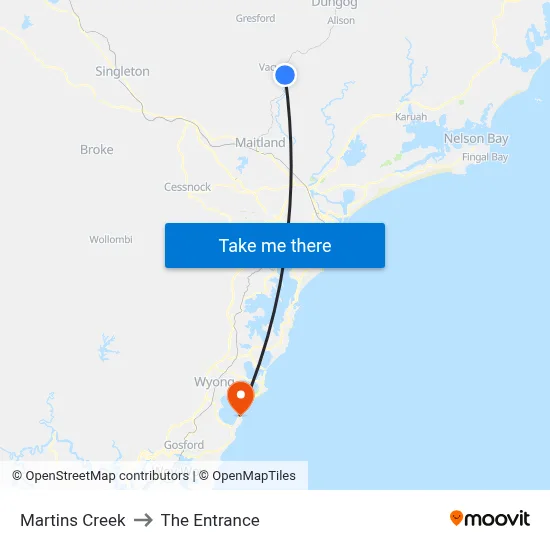 Martins Creek to The Entrance map
