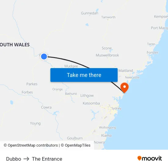 Dubbo to The Entrance map