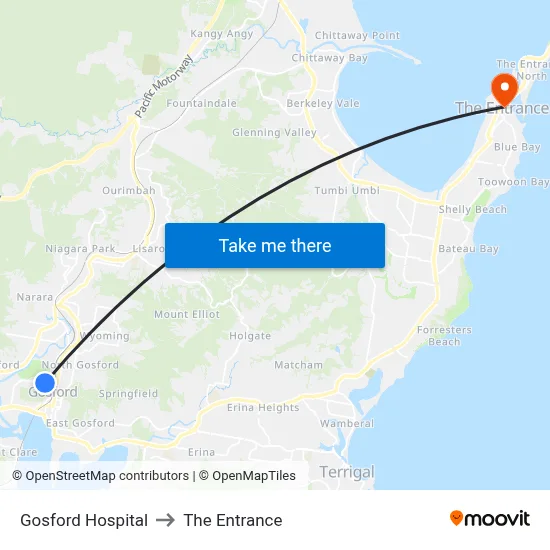 Gosford Hospital to The Entrance map