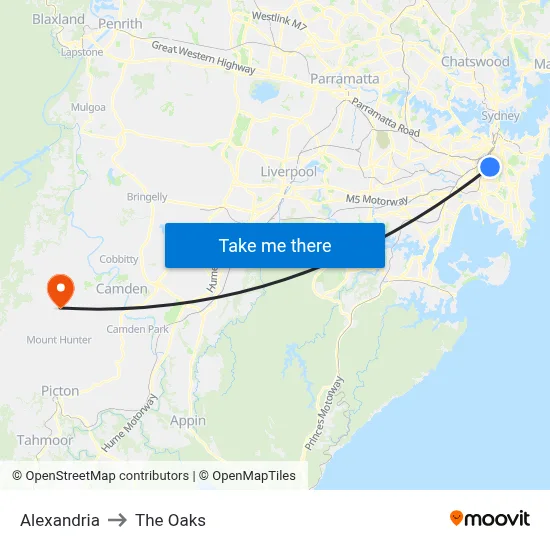 Alexandria to The Oaks map