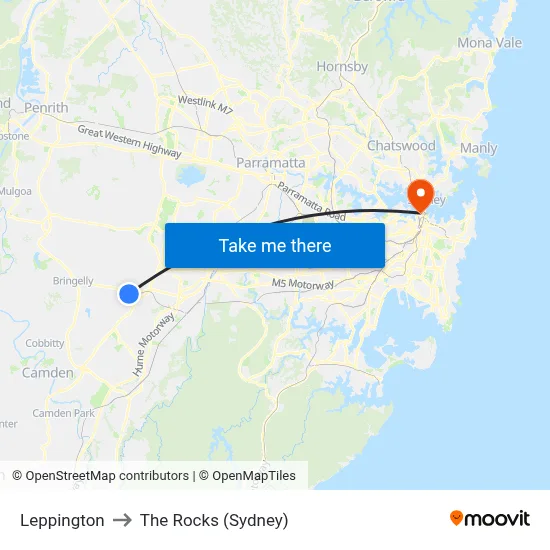 Leppington to The Rocks (Sydney) map