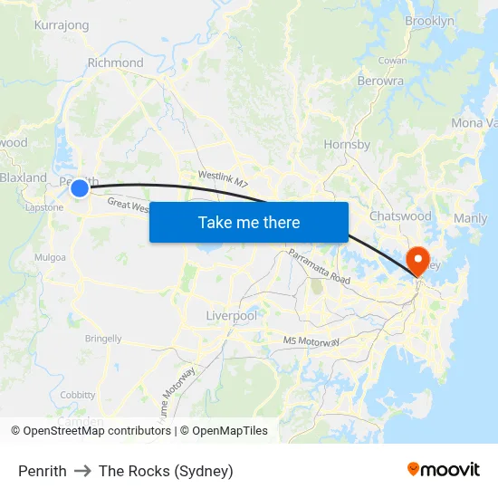 Penrith to The Rocks (Sydney) map