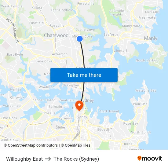 Willoughby East to The Rocks (Sydney) map