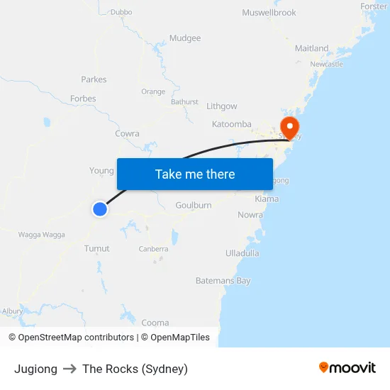 Jugiong to The Rocks (Sydney) map