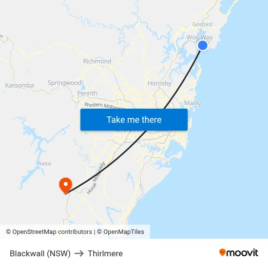 Blackwall (NSW) to Thirlmere map