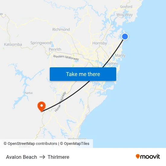 Avalon Beach to Thirlmere map
