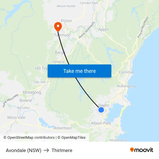 Avondale (NSW) to Thirlmere map