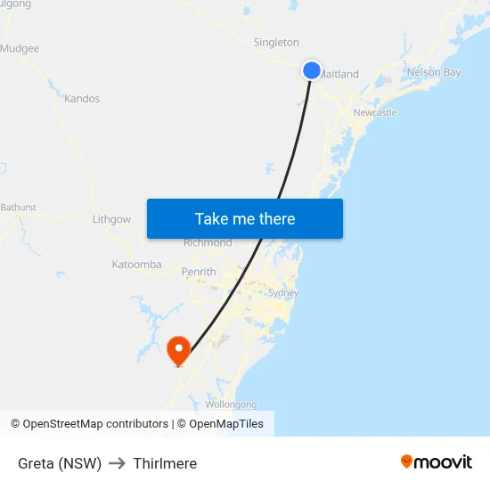 Greta (NSW) to Thirlmere map