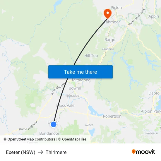 Exeter (NSW) to Thirlmere map