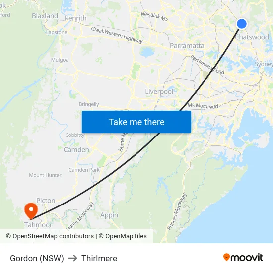 Gordon (NSW) to Thirlmere map