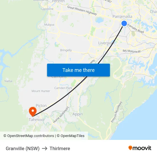 Granville (NSW) to Thirlmere map