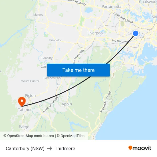 Canterbury (NSW) to Thirlmere map