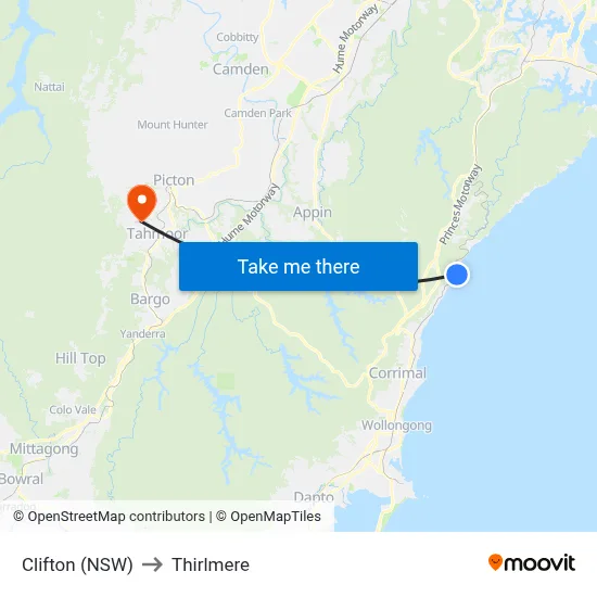 Clifton (NSW) to Thirlmere map