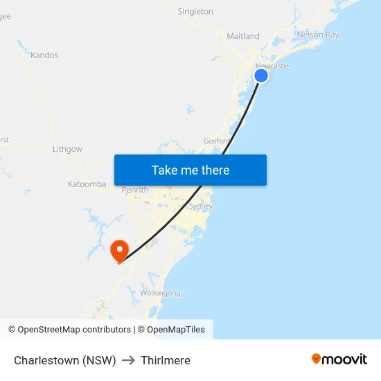 Charlestown (NSW) to Thirlmere map