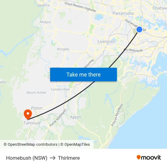 Homebush (NSW) to Thirlmere map