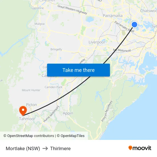 Mortlake (NSW) to Thirlmere map