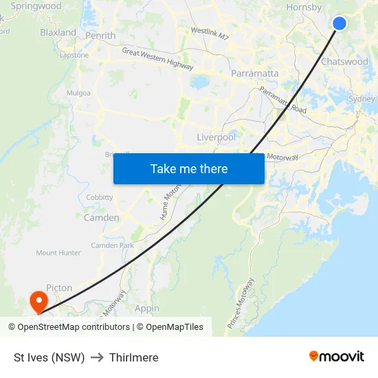 St Ives (NSW) to Thirlmere map