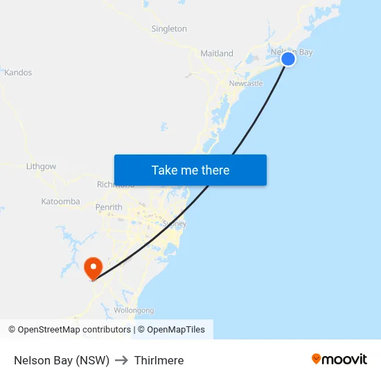 Nelson Bay (NSW) to Thirlmere map
